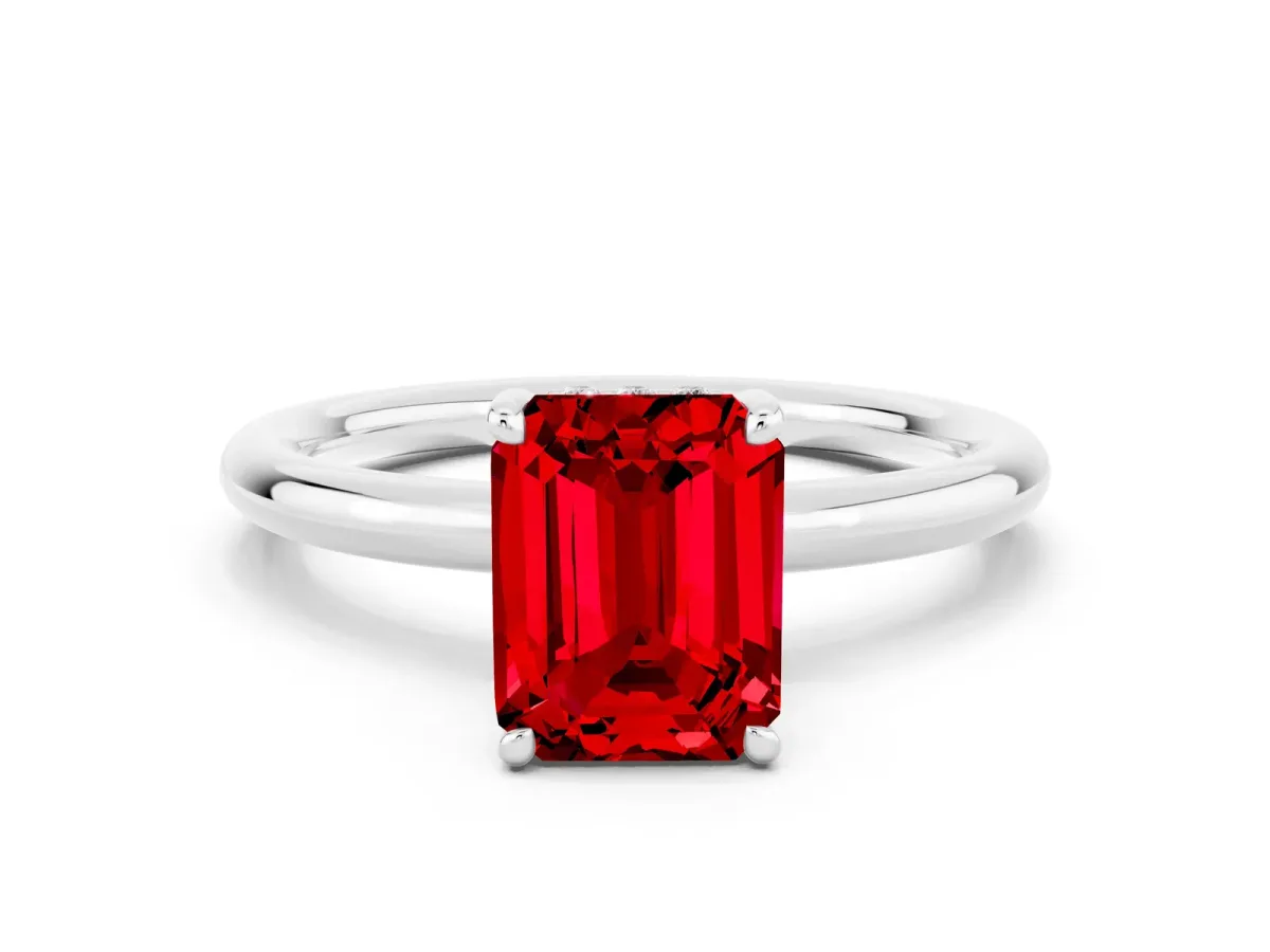 Emerald Cut Ruby Solitaire Ring with Thin Band and Four-Prong Setting White gold