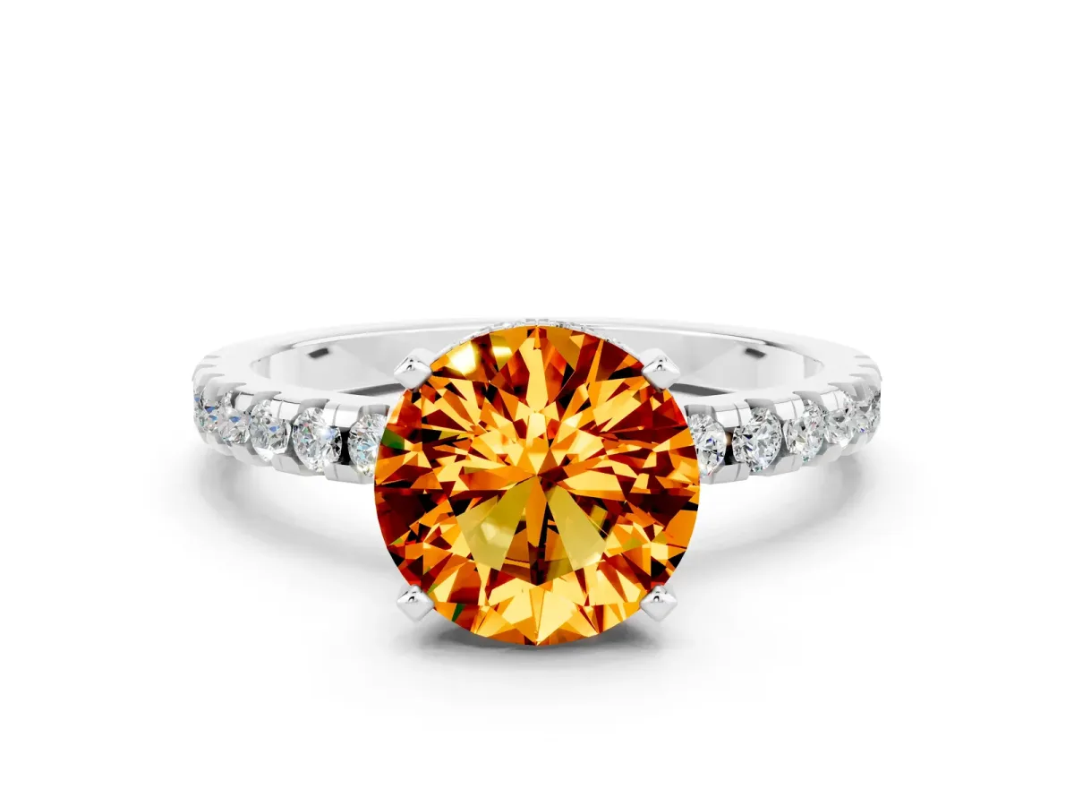 Round Cut Citrine Solitaire Ring with Round Pavé Band and Four-Prong Setting Silver