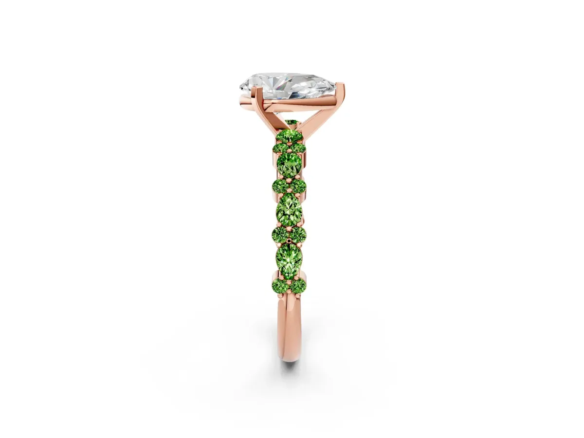 Pear Cut Diamond Side Stone Solitaire Ring with Round Peridot and Four-Prong Setting Rose gold