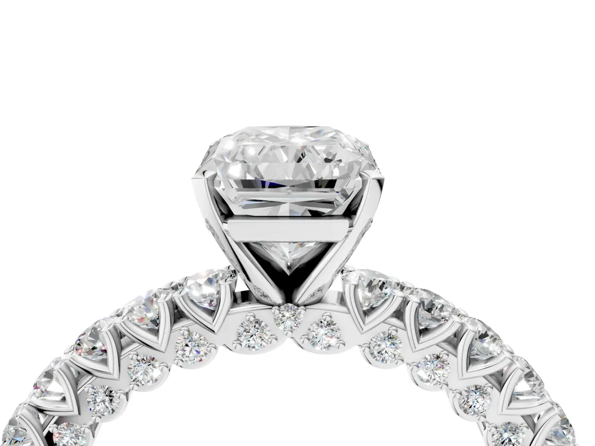 Radiant Cut Diamond Solitaire Ring with Round Accent Pavé Band and Prong Setting Platinum