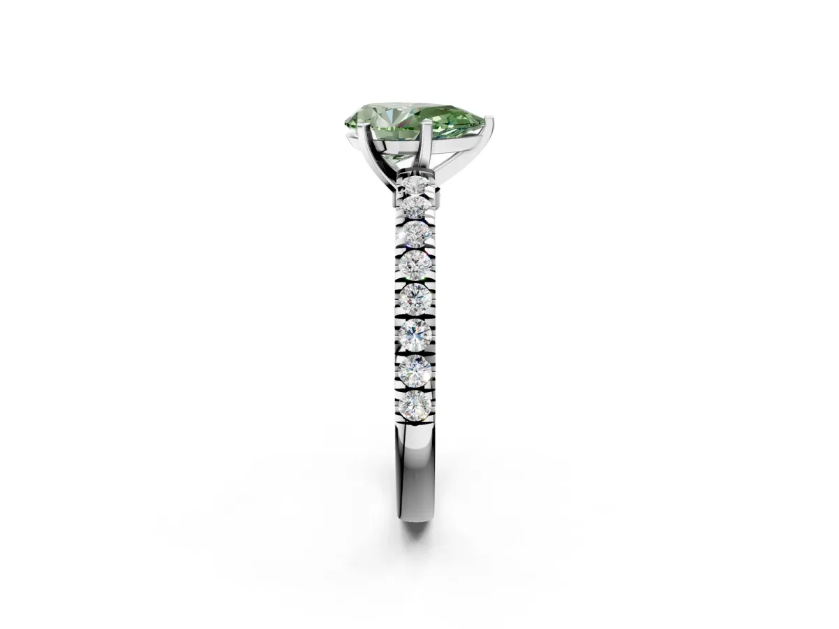 Fancy Green Pear Cut Solitaire Diamond with Pavé Band and Four-Prong Setting Silver