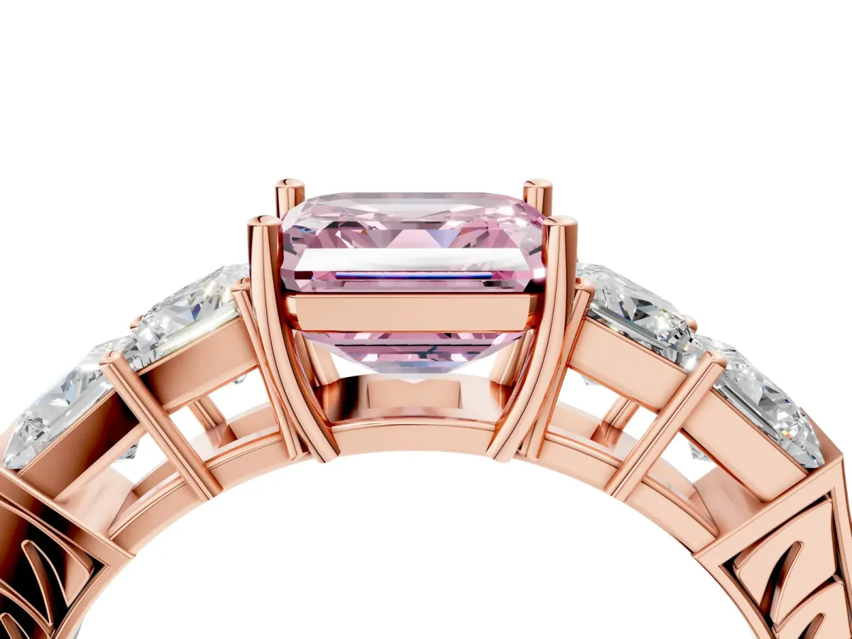 Fancy Pink Asscher Cut Solitaire Princess Side Stone Engraved Band Prong Setting Ring Rose gold