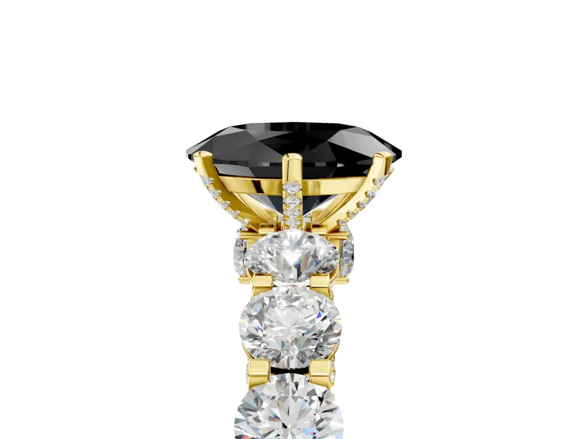 Fancy Black Oval Cut Diamond Side Stone Engagement Ring with Four-Prong Setting Yellow gold