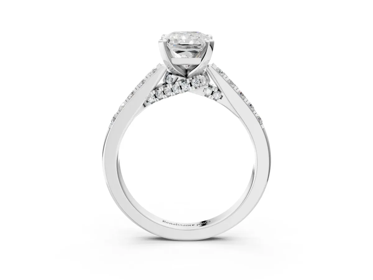 Radiant Cut Diamond Solitaire Ring with Crossover Gallery and Round Pavé Band Silver