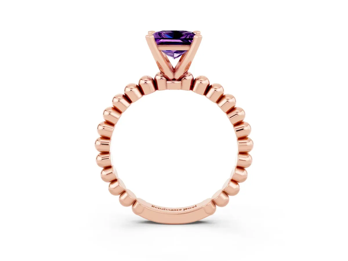 Princess Cut Amethyst Solitaire Ring with Beaded Band and Prong Setting Rose gold