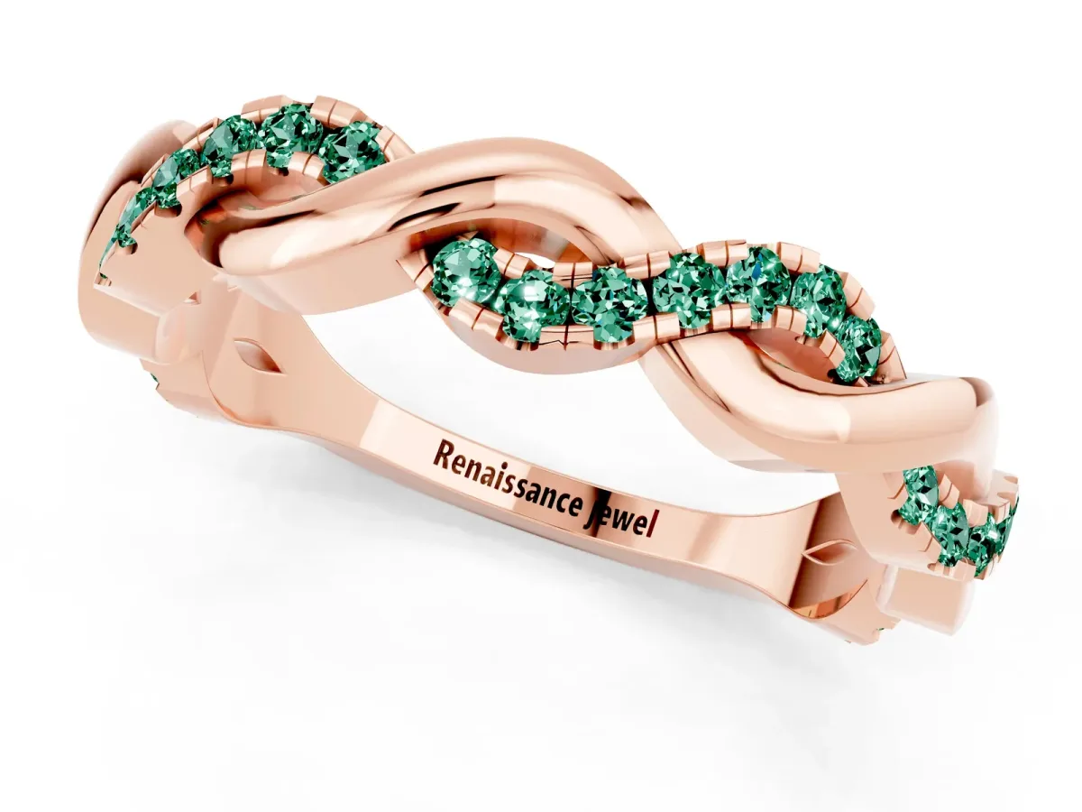 Pavé Round Green Sapphire Twist Eternity Band with Shared Prong Setting Rose gold