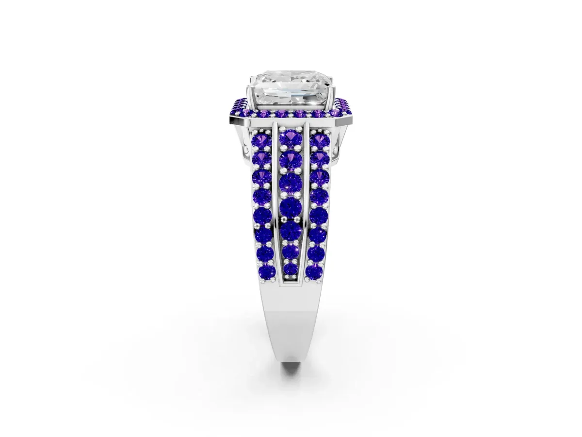 Princess Cut Halo Diamond Ring with Round Tanzanite Split Shank and Prong Setting Silver