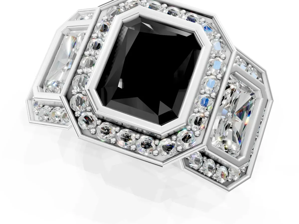 Fancy Black Three-Stone Radiant Cut Halo Pavé Diamond Ring Platinum