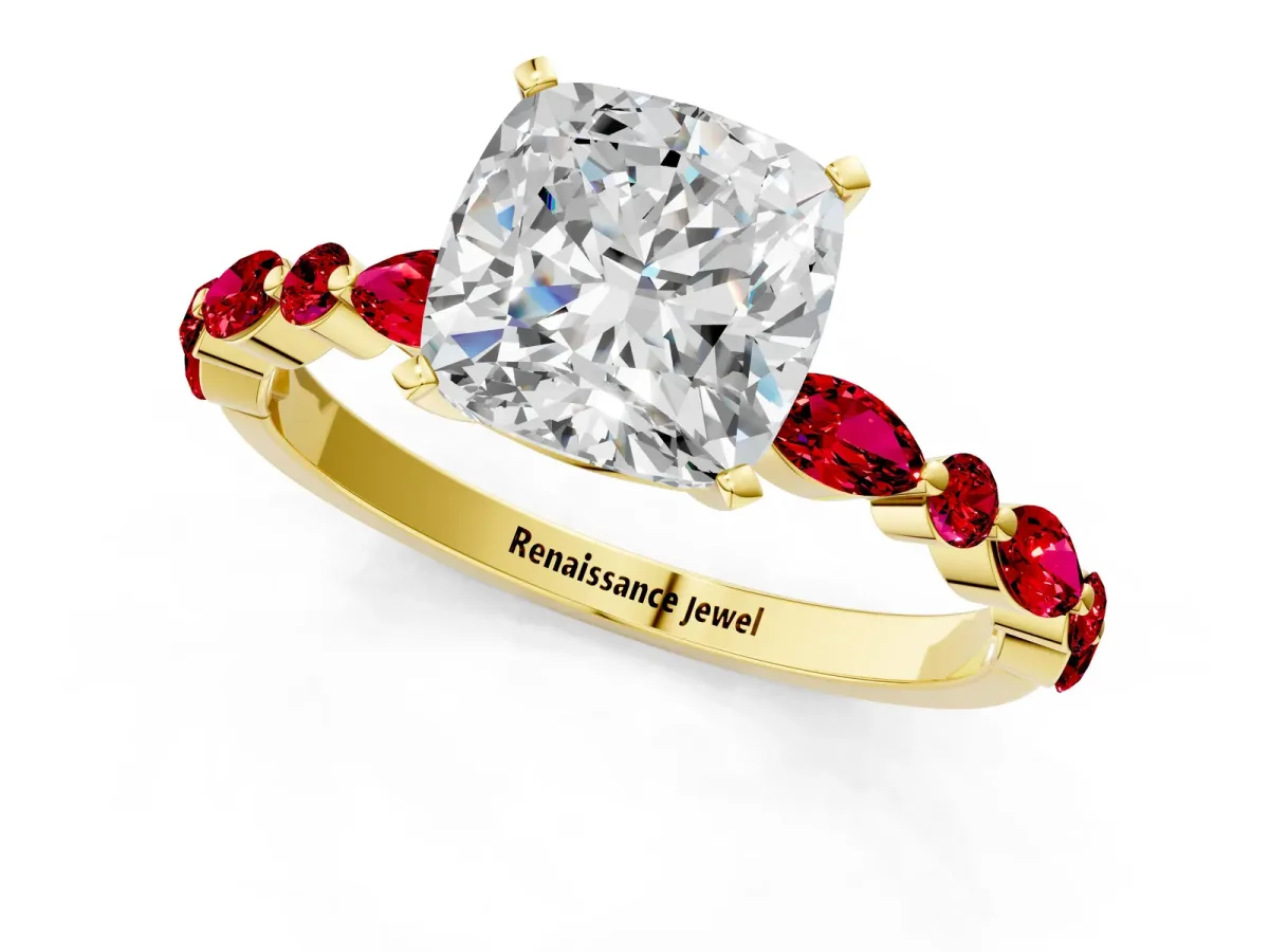 Cushion Cut Diamond Ring with Marquise and Round Ruby Side Stones and Four-Prong Setting Yellow gold