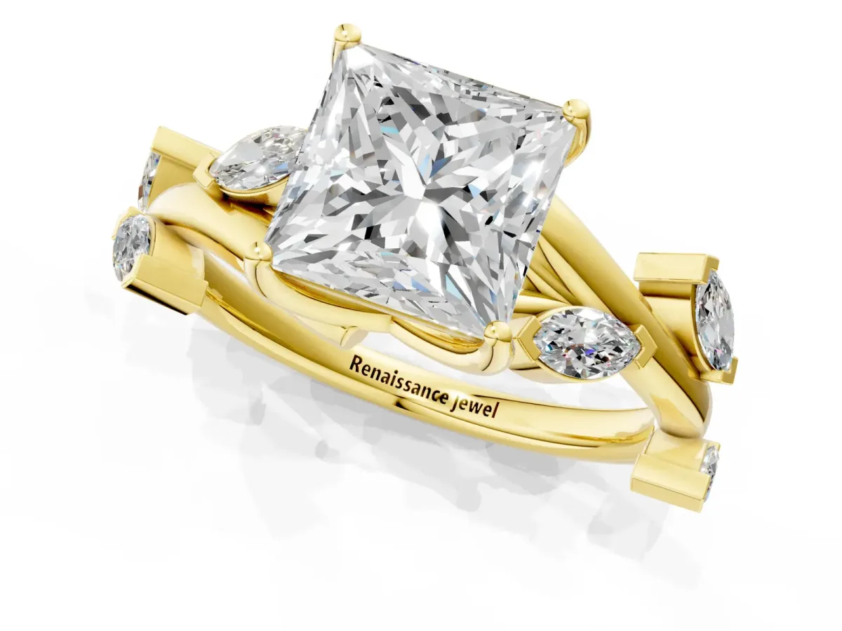 Princess Cut Solitaire Twisted Band Marquise Accent Prong Setting Ring Yellow gold