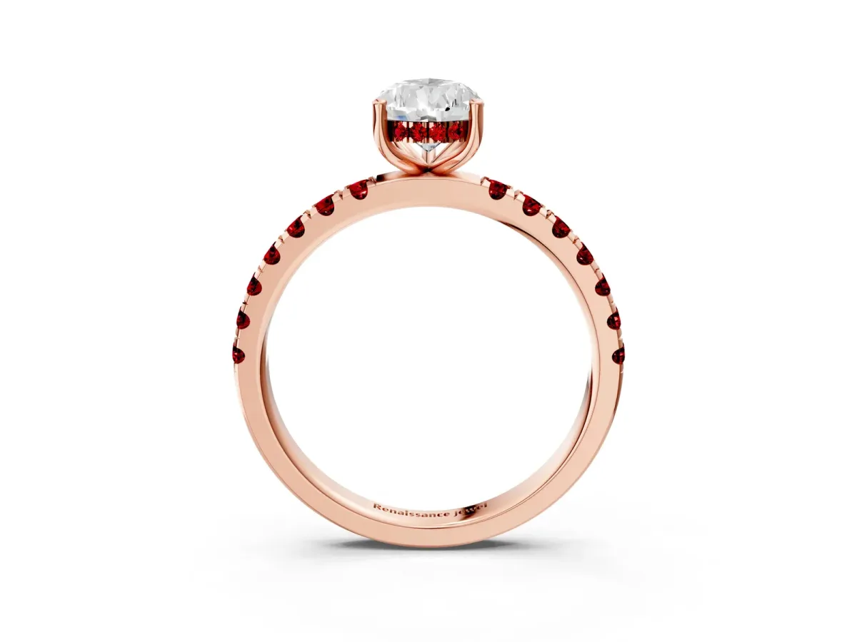 Pear Cut Diamond Pave Band Solitaire Ring with Round Ruby and Prong Setting Rose gold