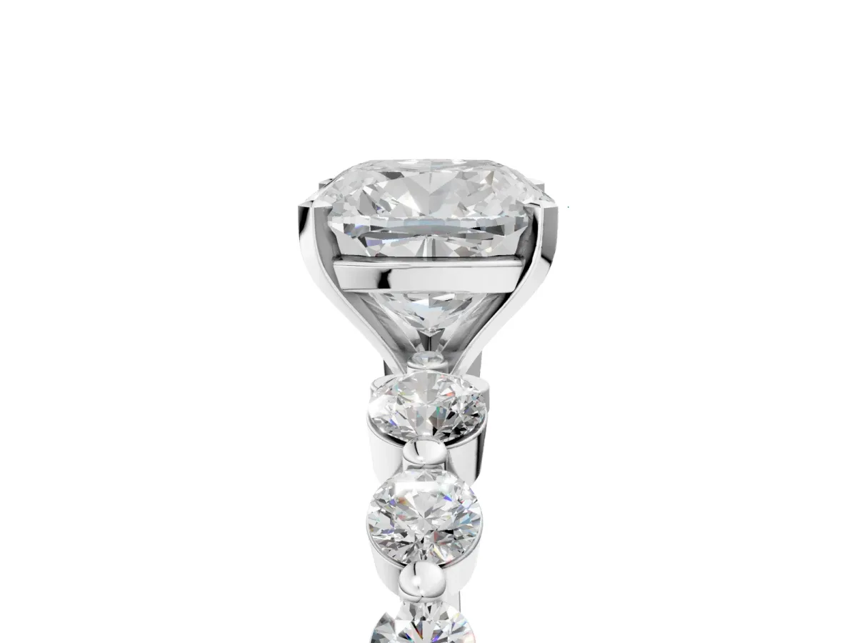 Cushion Cut Solitaire Diamond Ring with Pave Band and Four-Prong Setting Platinum