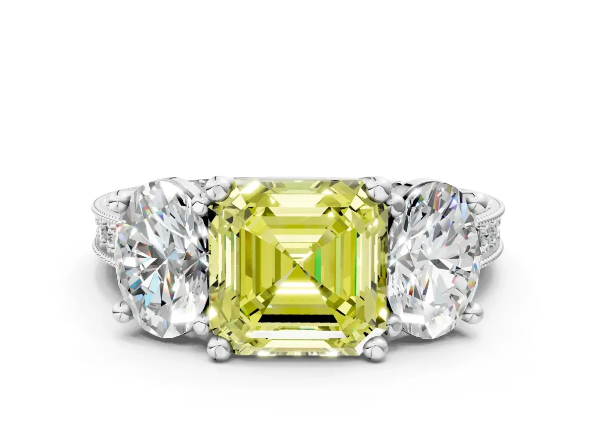 Fancy Yellow Three-Stone Asscher Cut Diamond Milgrain Pave Band with Prong Setting Platinum