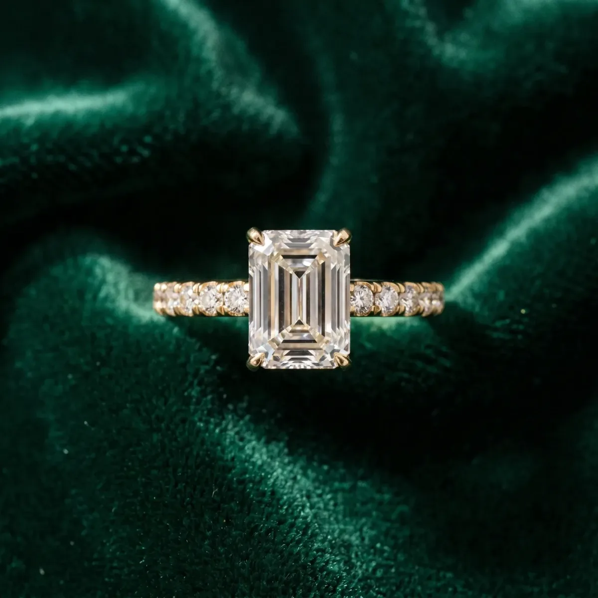Emerald Cut Diamond Pave Band Solitaire Ring with Round and Prong Setting Yellow gold