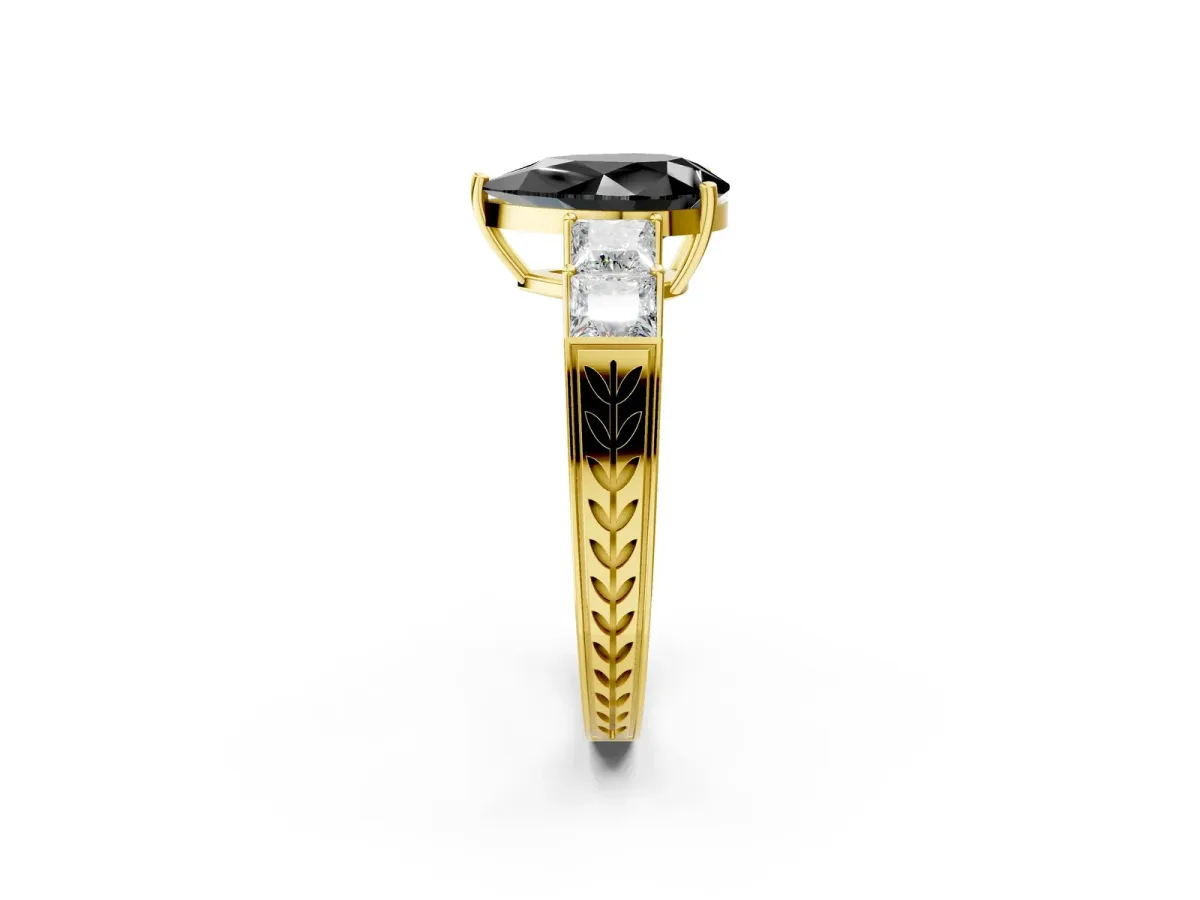 Fancy Black Pear Cut Solitaire Princess Side Stone Engraved Band Prong Setting Ring Yellow gold