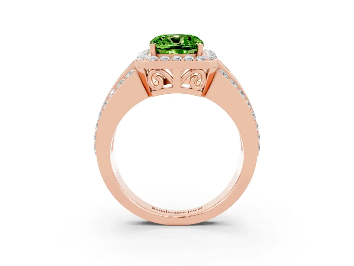 Cushion Cut Halo Peridot Ring with Round Split Shank and Prong Setting Rose gold