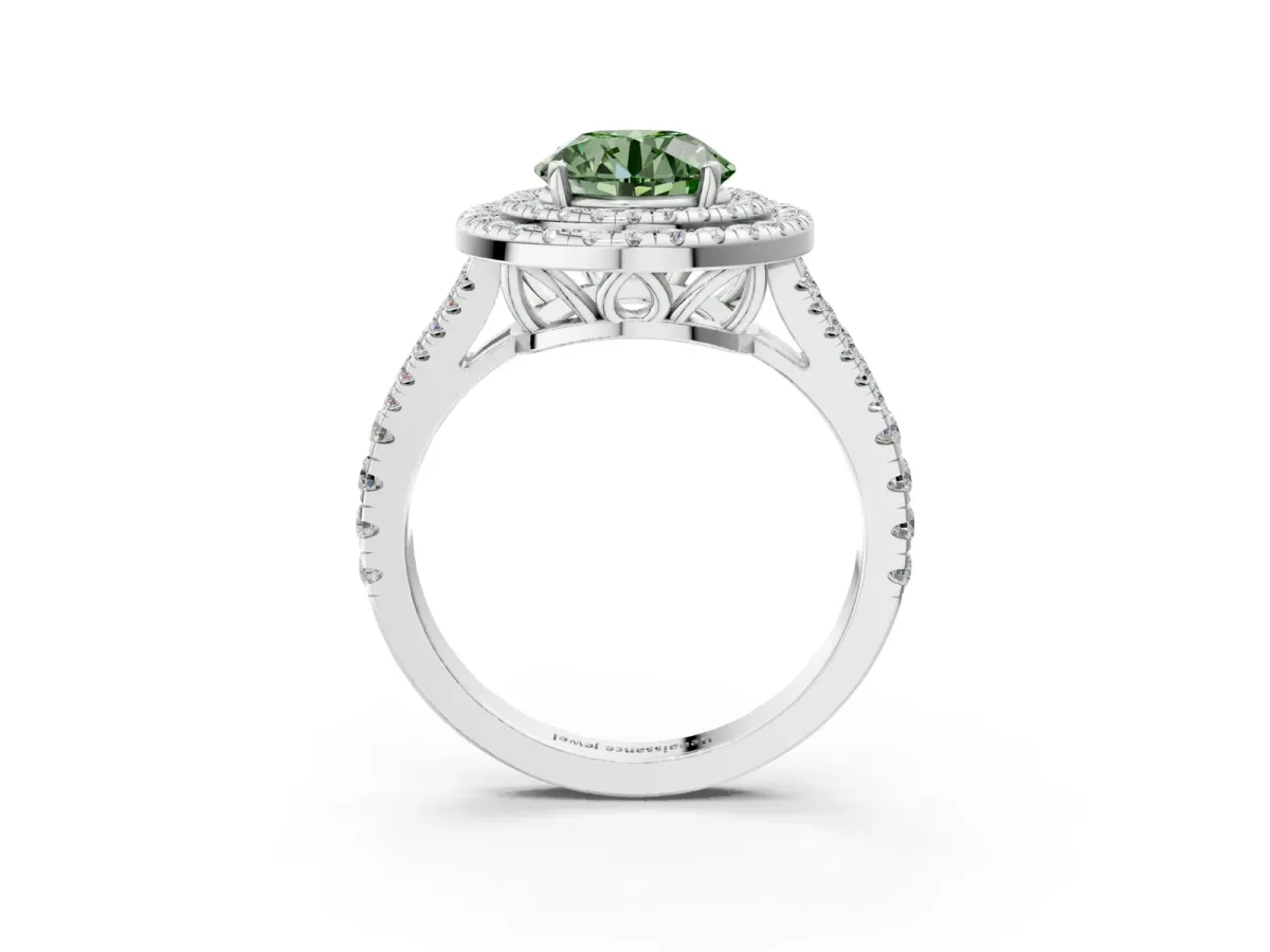 Fancy Green Round Cut Diamond Double Halo Ring with Pavé Band and Prong Setting Silver