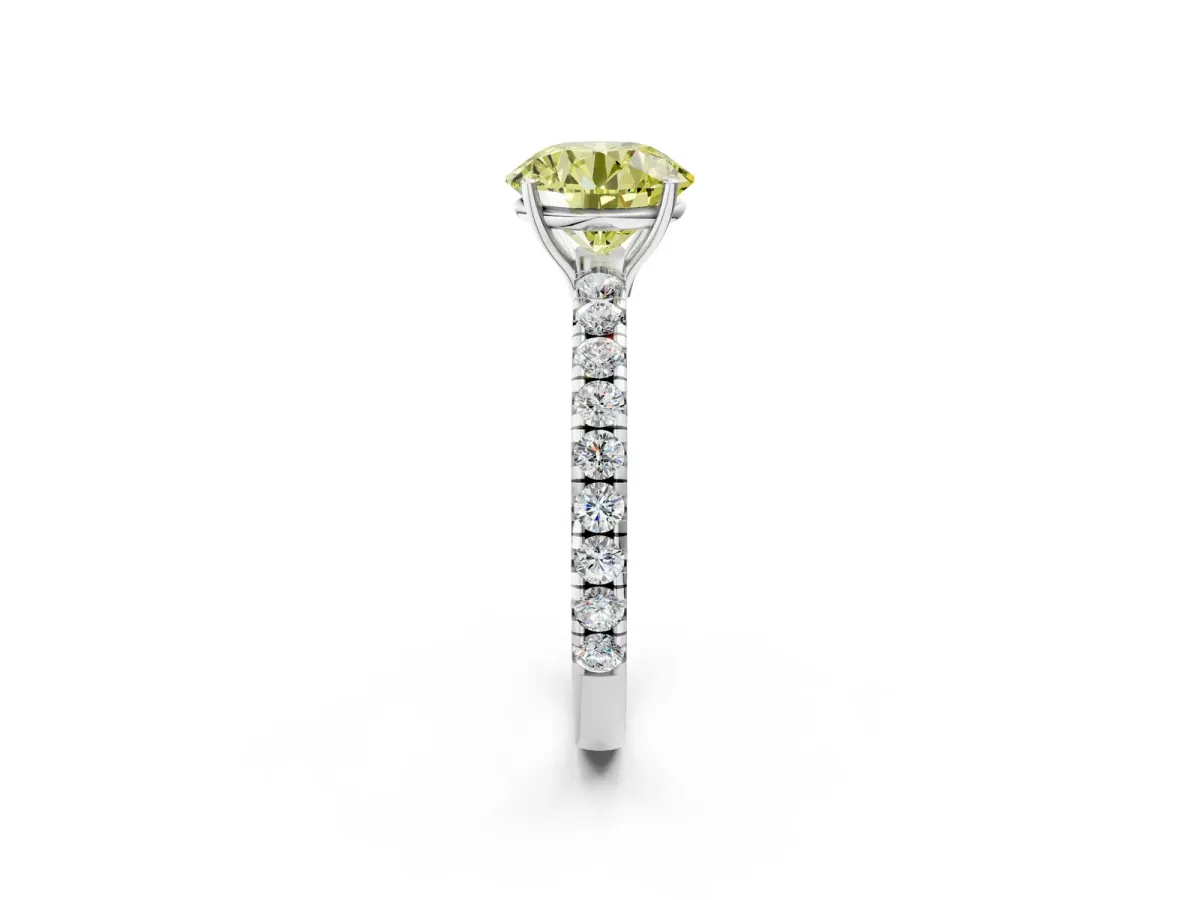Fancy Yellow Round Cut Diamond Pavé Solitaire Engagement Ring with Four-Prong Setting Silver