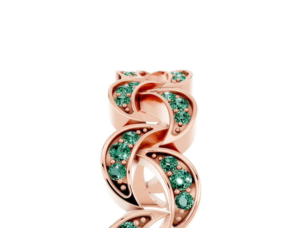 Pavé Round Green Sapphire Interlocking Eternity Band with Bezel Prong Setting Rose gold