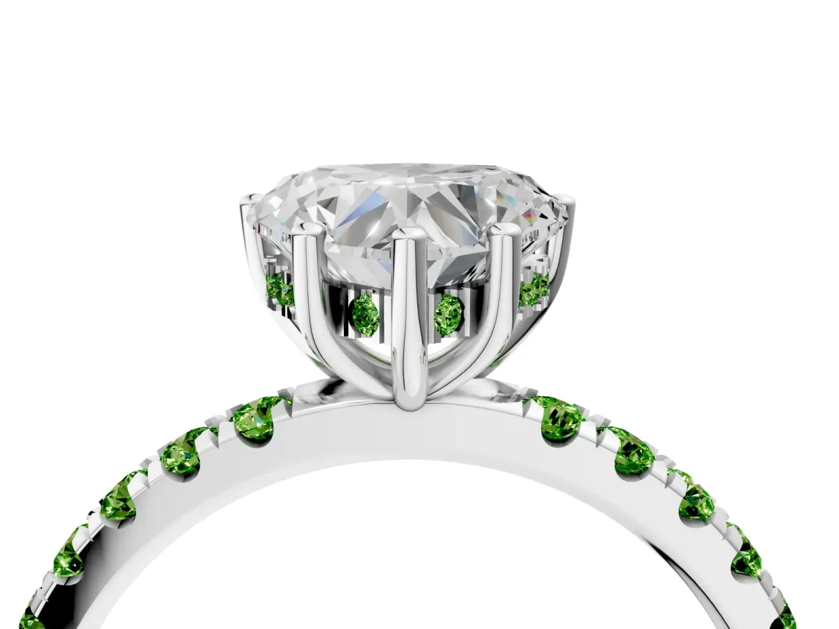 Heart Cut Diamond Pave Band Solitaire Ring with Round Peridot and Prong Setting Platinum
