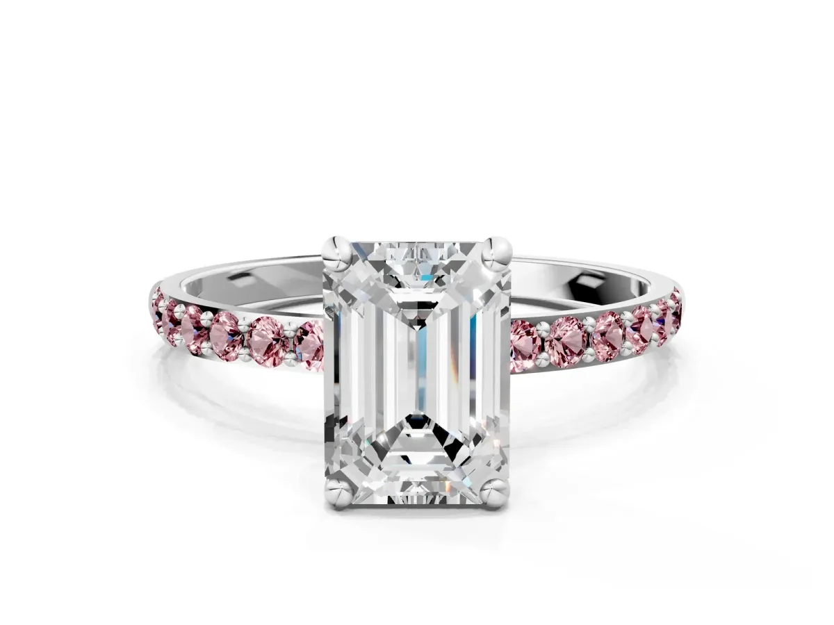 Emerald Cut Diamond Solitaire Ring with Round Morganite Pavé Band and Prong Setting Silver