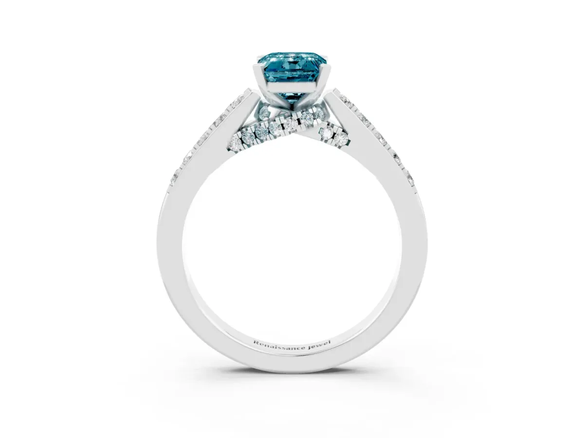 Emerald Cut Blue Topaz Solitaire Ring with Crossover Gallery and Round Pavé Band Silver