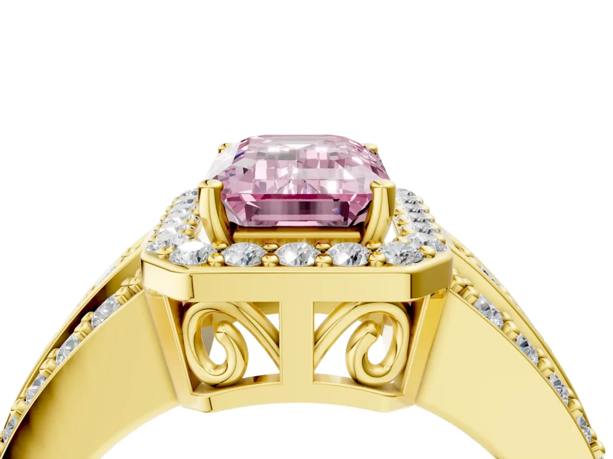 Fancy Pink Emerald Cut Halo Diamond Ring with Round Split Shank and Prong Setting Yellow gold