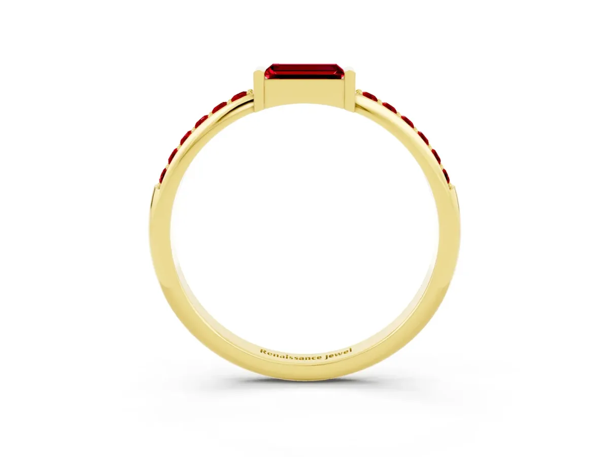 Baguette Ruby Pavé Band with Bar Setting Yellow gold