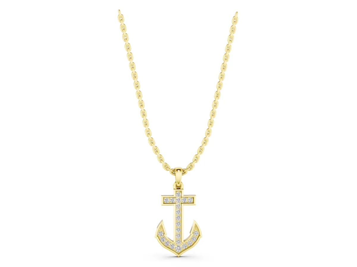 Pavé Round Diamond Anchor Pendant with Four-Prong Setting Yellow gold