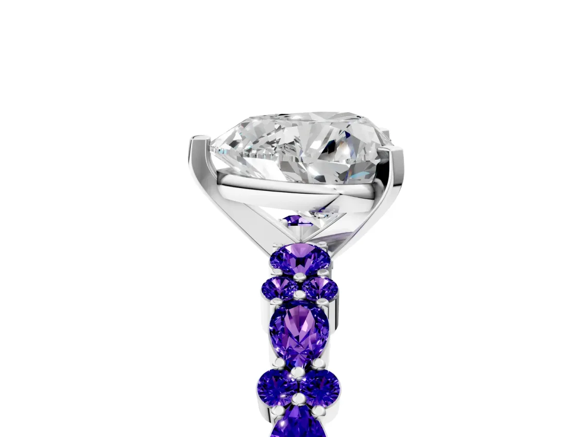 Heart Cut Diamond Side Stone Solitaire Ring with Round Tanzanite and Four-Prong Setting Platinum
