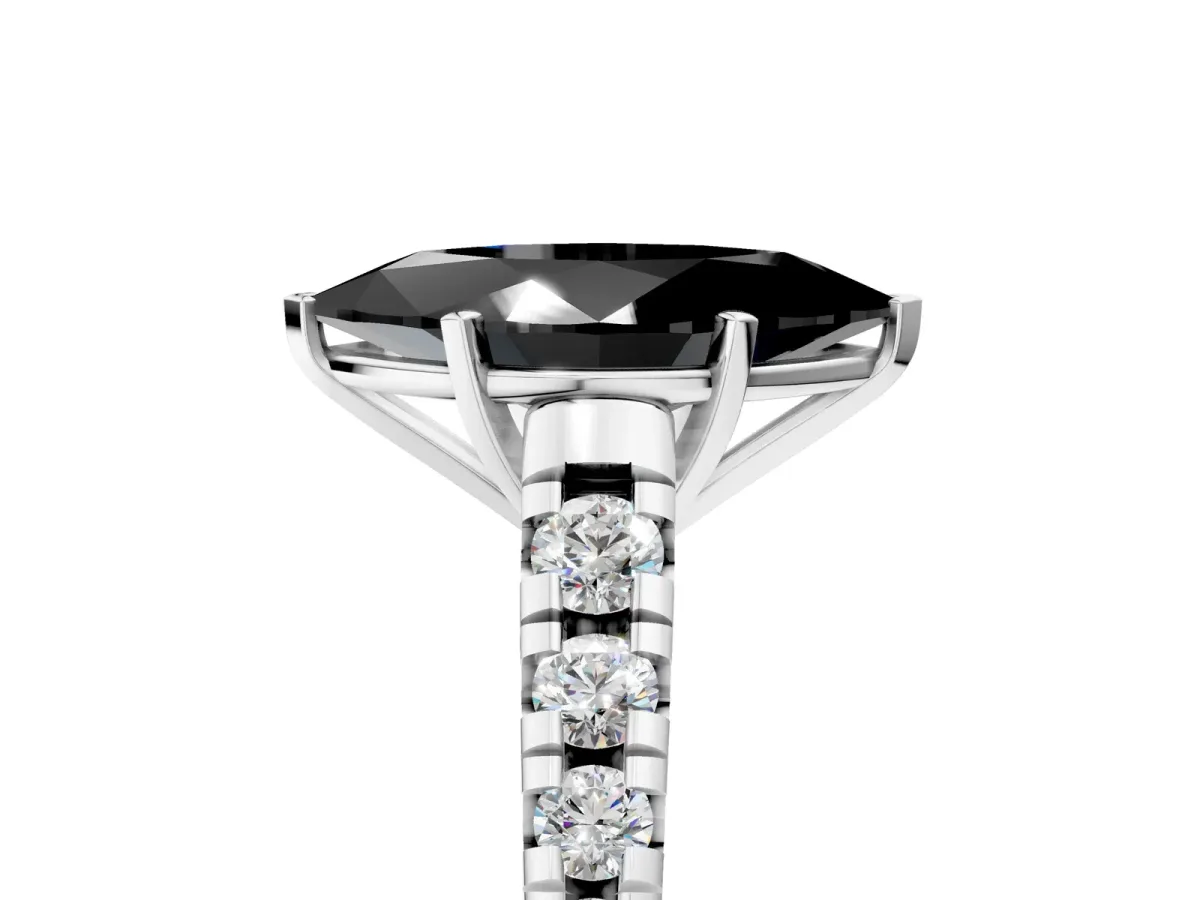 Fancy Black Marquise Cut Diamond Cathedral Solitaire Ring with Round Pavé Band Silver