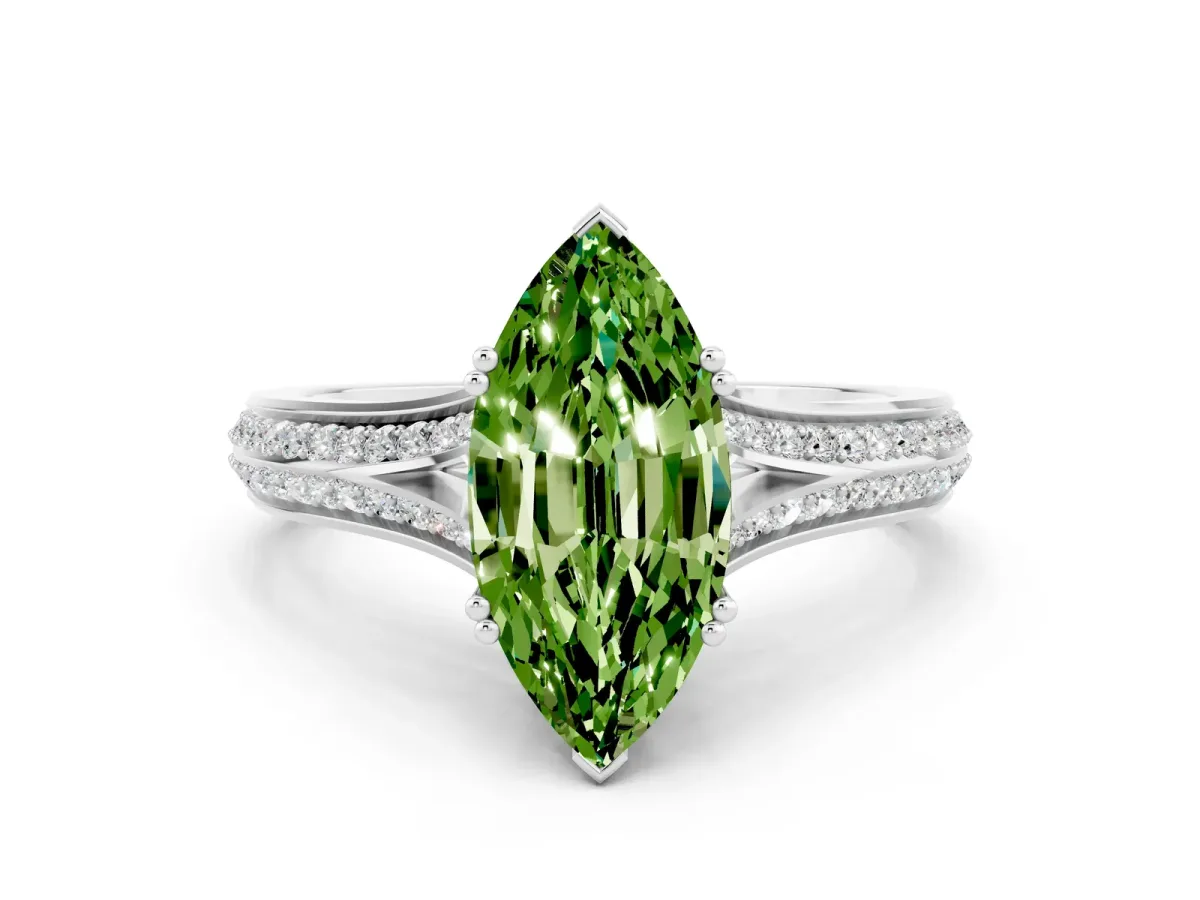 Marquise Cut Peridot Split Shank Engagement Ring with Pavé Band White gold