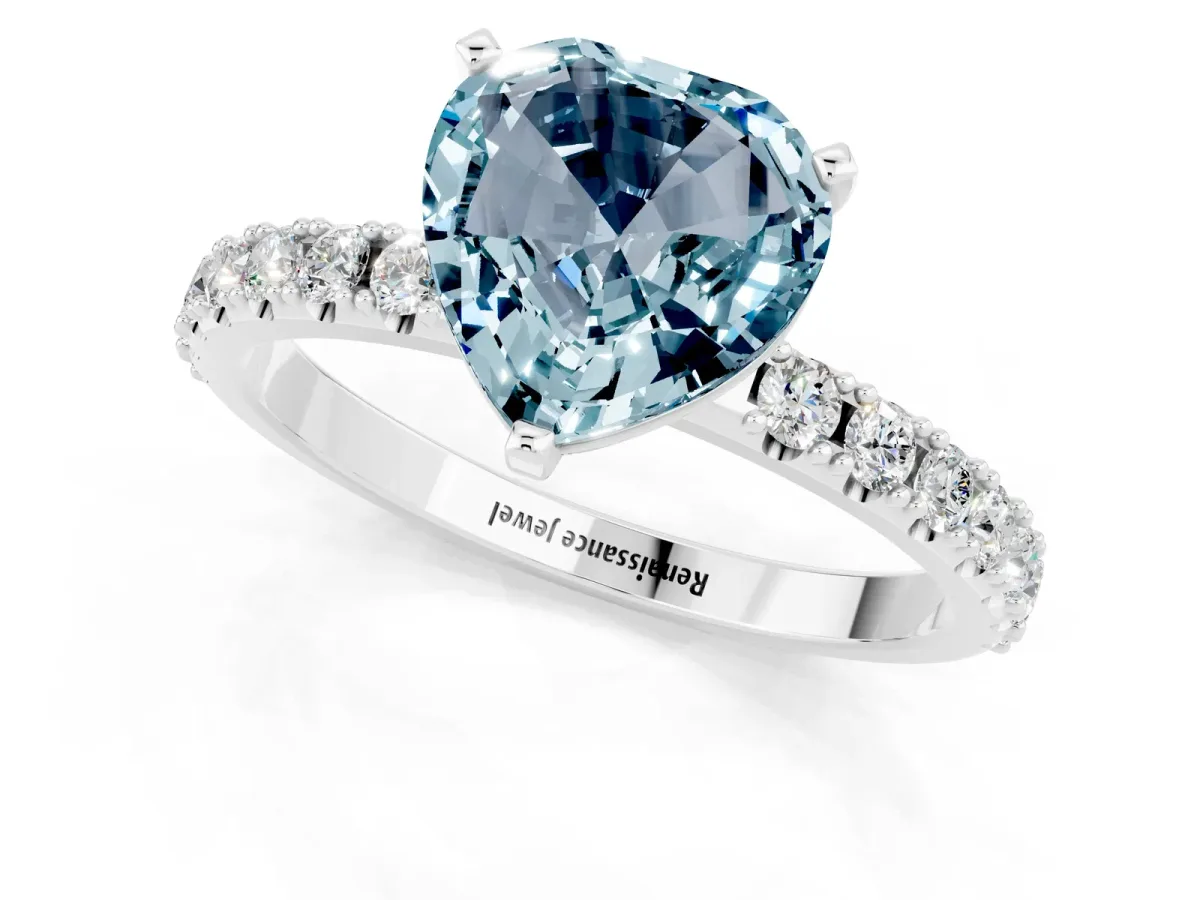 Heart Cut Aquamarine Solitaire Pavé Band with Four-Prong Setting Silver