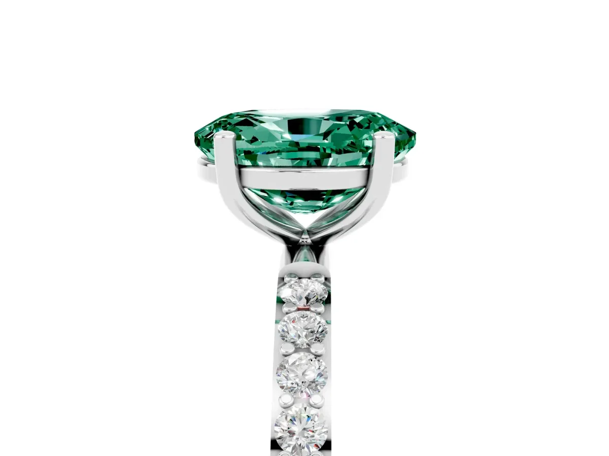 Oval Cut Green Sapphire Solitaire Ring with Round Pavé Band and Prong Setting Silver