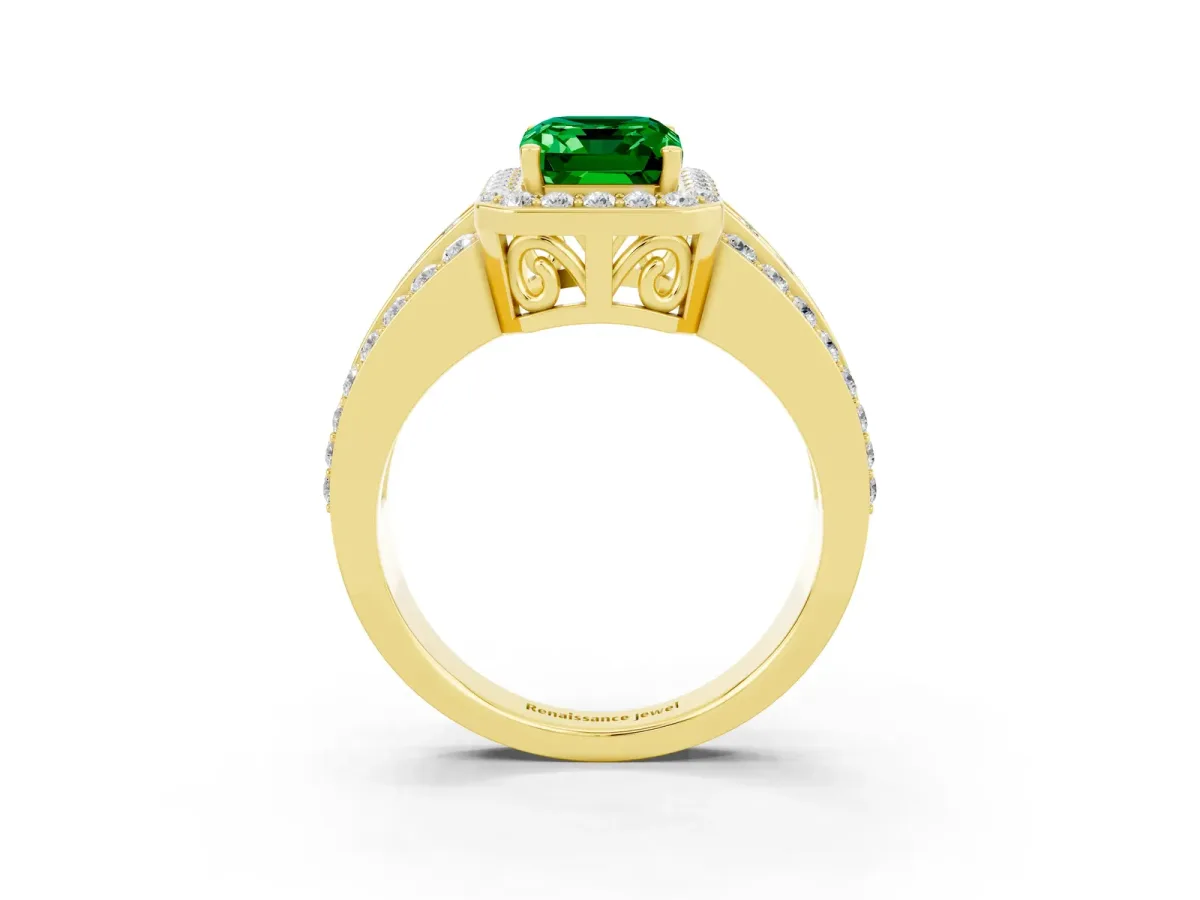 Emerald Cut Halo Emerald Ring with Round Split Shank and Prong Setting Yellow gold