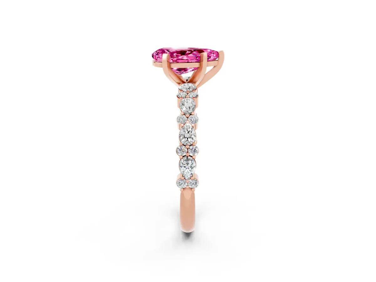 Pear Cut Pink Sapphire Side Stone Solitaire Ring with Round and Four-Prong Setting Rose gold