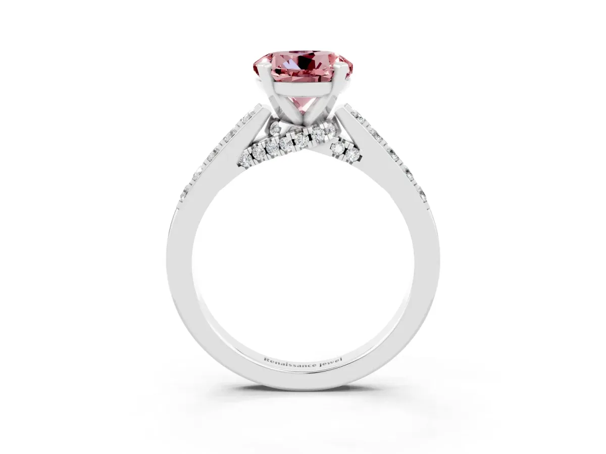 Round Cut Morganite Solitaire Ring with Crossover Gallery and Round Pavé Band Silver