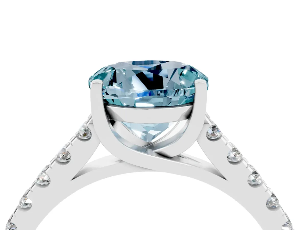 Round Cut Aquamarine Pavé Band Solitaire Ring with Prong Setting White gold