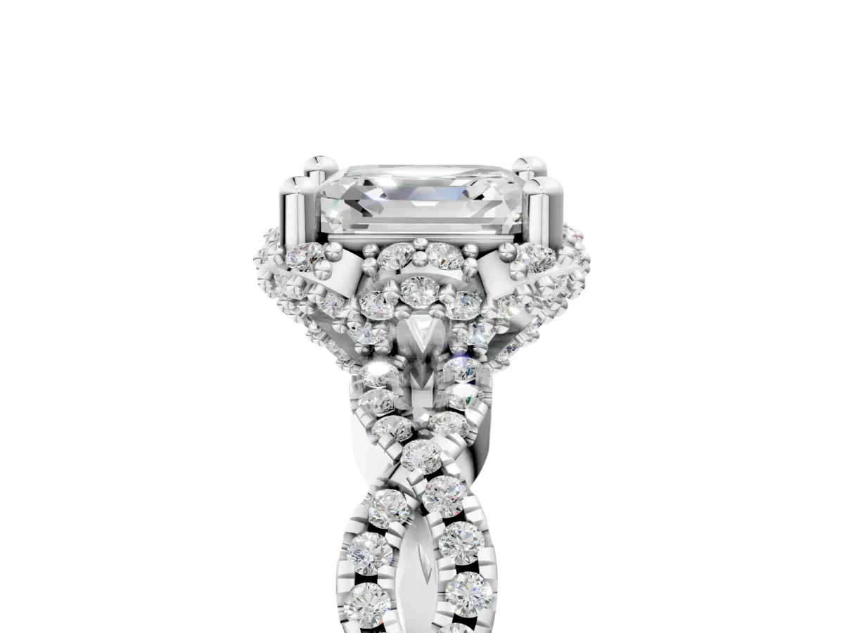Asscher Cut Halo Twist Band Solitaire Ring with Six-Prong Setting Platinum