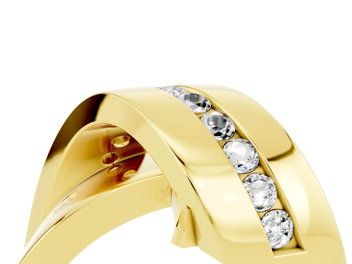 Pavé Round Moissanite Crossover Band with Channel Setting Yellow gold