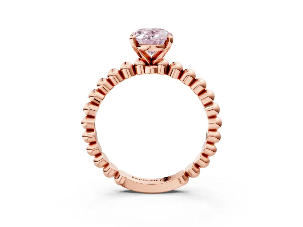 Fancy Pink Oval Cut Diamond Solitaire Ring with Beaded Band and Prong Setting Rose gold