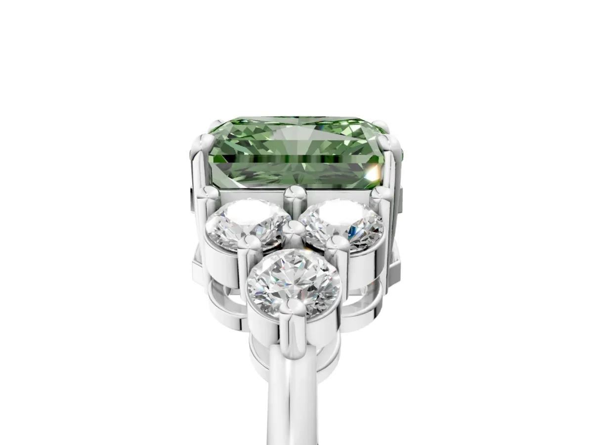 Fancy Green Radiant Cut Brilliant Diamond Cluster Accent Solitaire Ring with Prong Setting Platinum