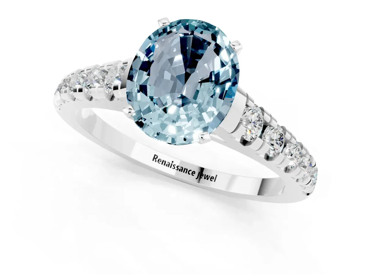 Oval Cut Aquamarine Cathedral Solitaire Ring with Round Pavé Band Silver