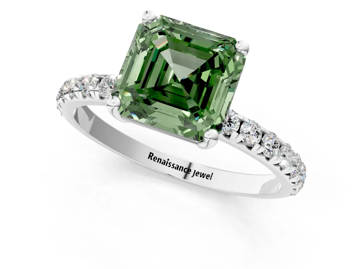Fancy Green Asscher Cut Cut Diamond Solitaire Ring with Micro Pave Band and Four Prong Setting Platinum
