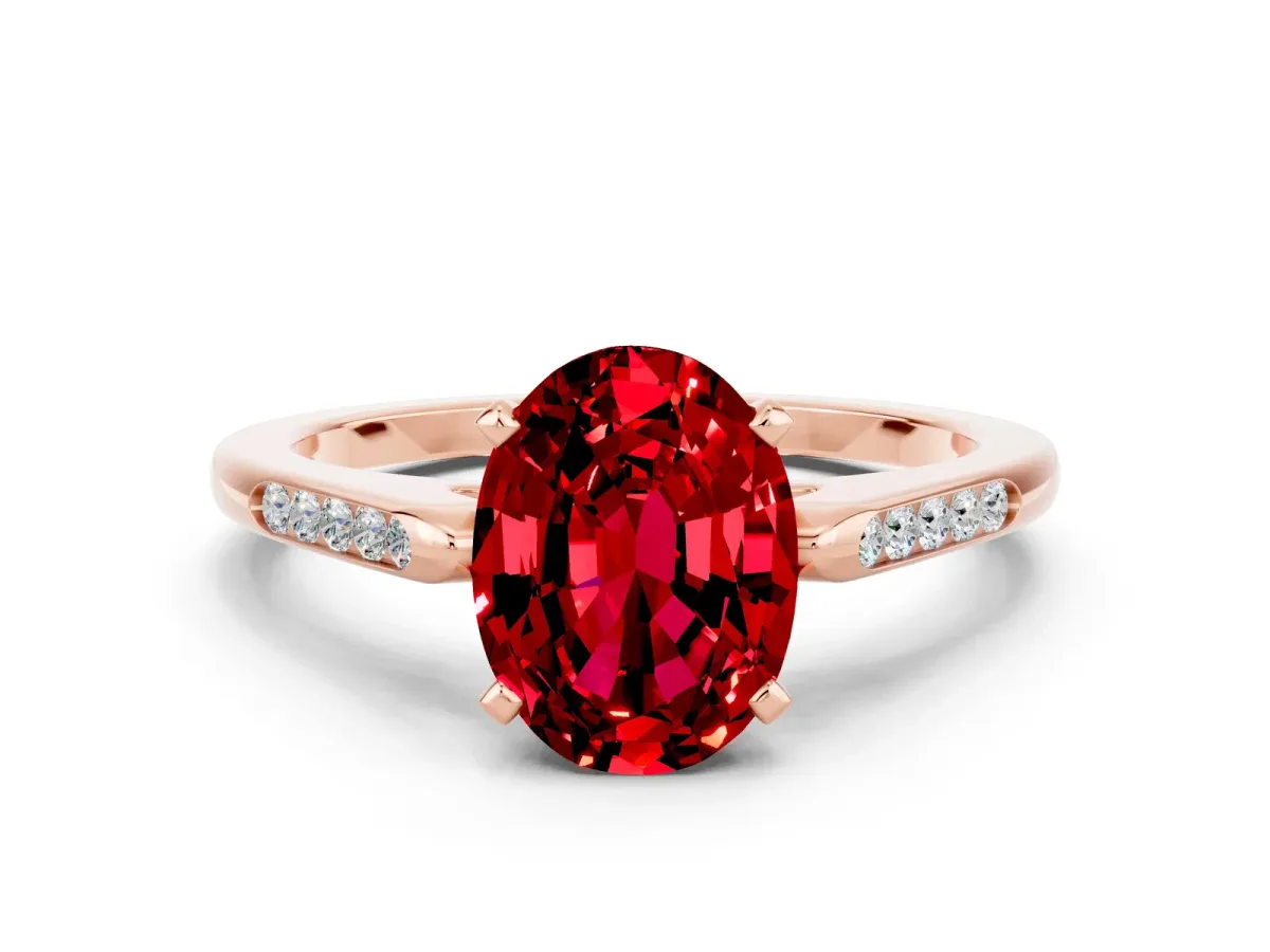 Oval Cut Ruby Solitaire Ring with Channel Set Round Band and Prong Setting Rose gold