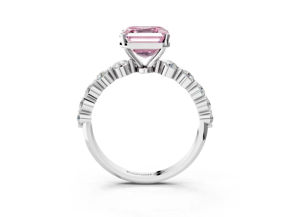 Fancy Pink Asscher Cut Solitaire Diamond Ring with Pave Band and Four-Prong Setting Silver