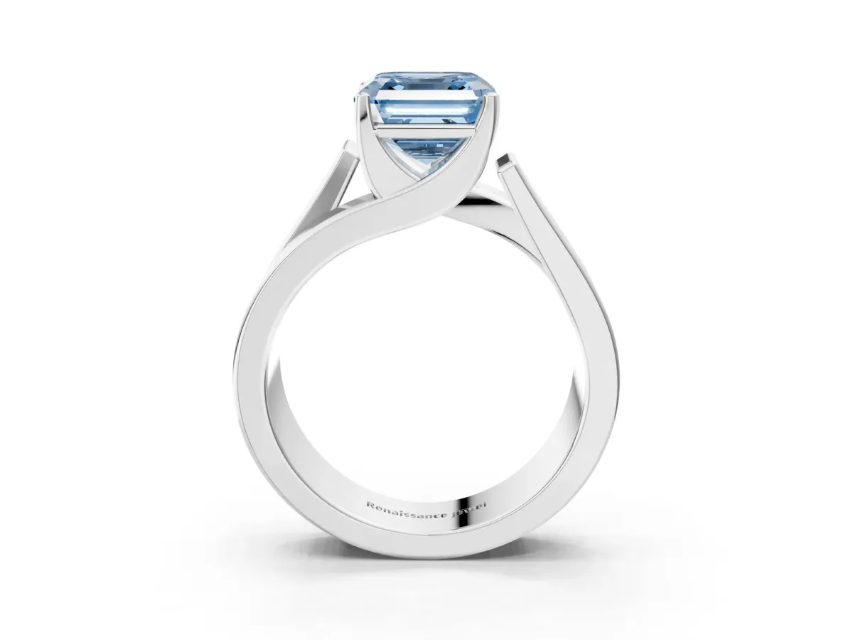 Fancy Blue Modern Tension Set Asscher Cut Diamond Solitaire Wide Band Ring Silver