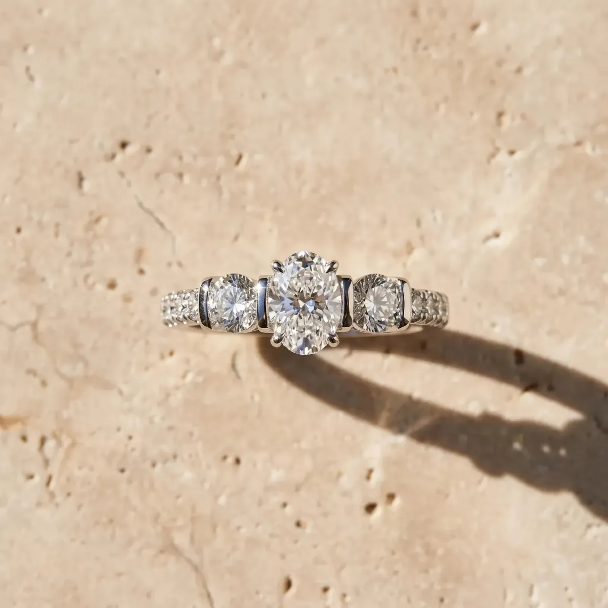 Oval Cut Brilliant Trilogy Channel Set Diamond Ring with Bar Prongs Platinum