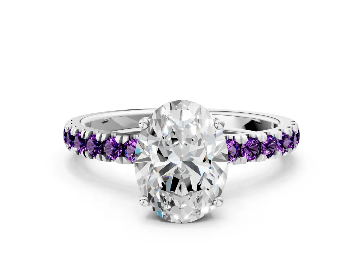 Oval Cut Diamond Pave Band Solitaire Ring with Round Amethyst and Prong Setting Platinum
