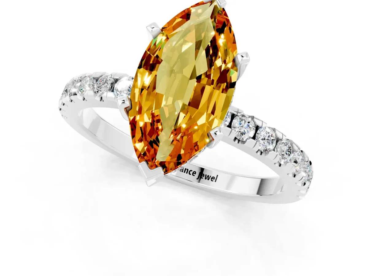 Marquise Cut Citrine Solitaire Ring with Round Pavé Band and Four-Prong Setting Silver